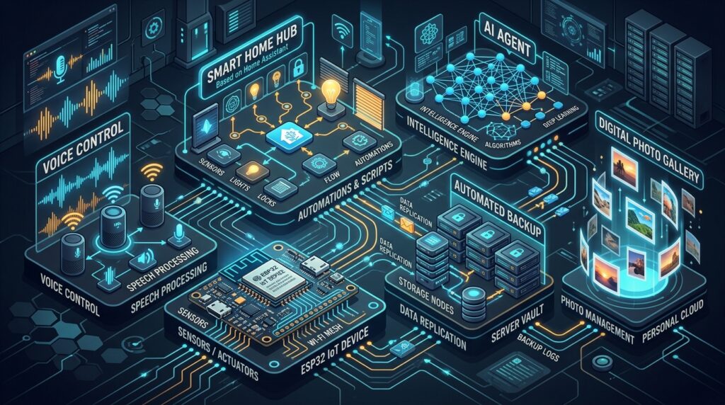 Tech ecosystem featuring ESP32, Home Assistant, electronics, AI agents, automated backups, photo management, and voice control
